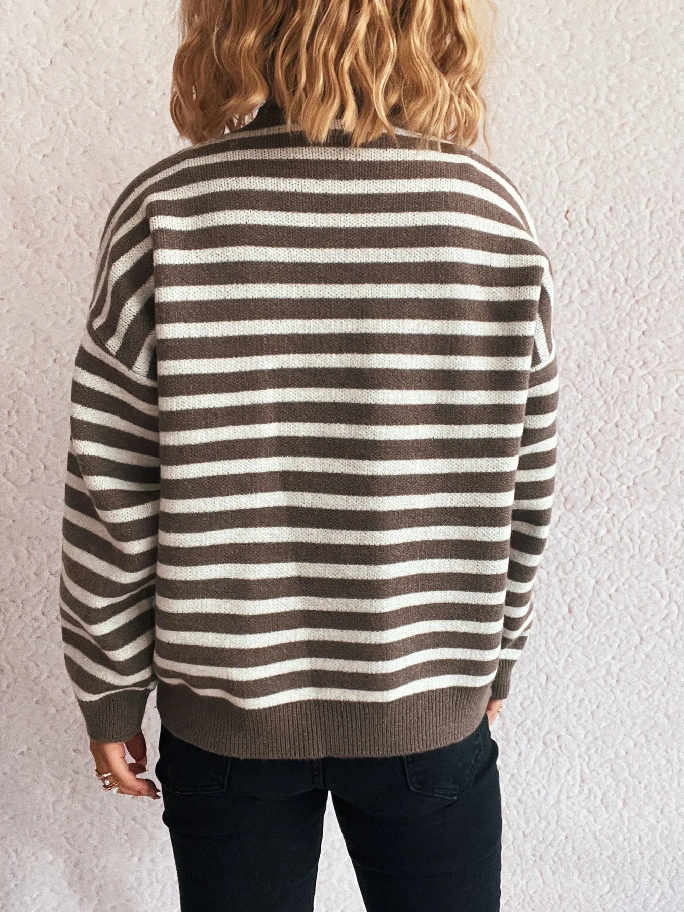 Striped Mock Neck Long Sleeve Sweater - Fashorio