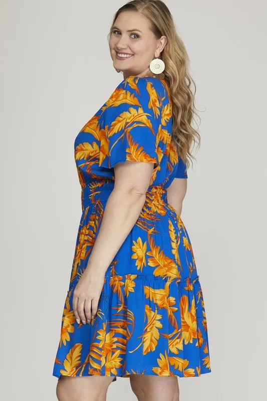 Printed Notched Short Sleeve Frill Tiered Dress side view