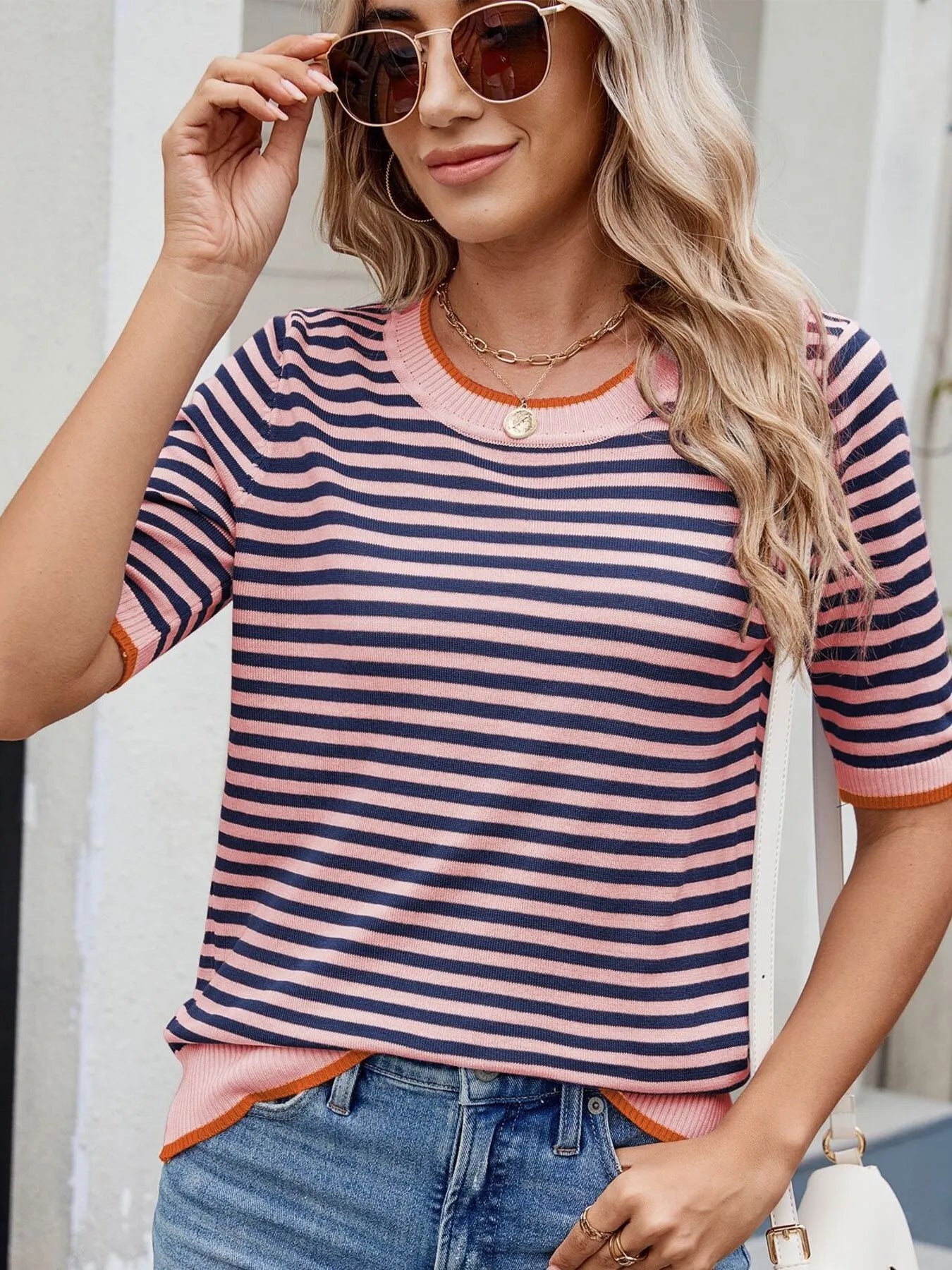 Striped Casual T-Shirt with Contrast Trim - Fashorio
