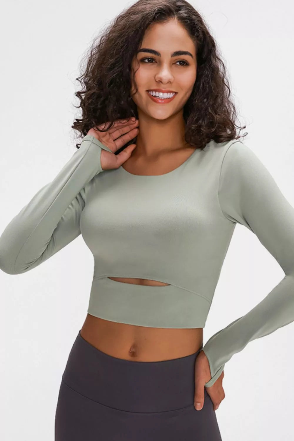 long sleeve cropped active top styled outfit view