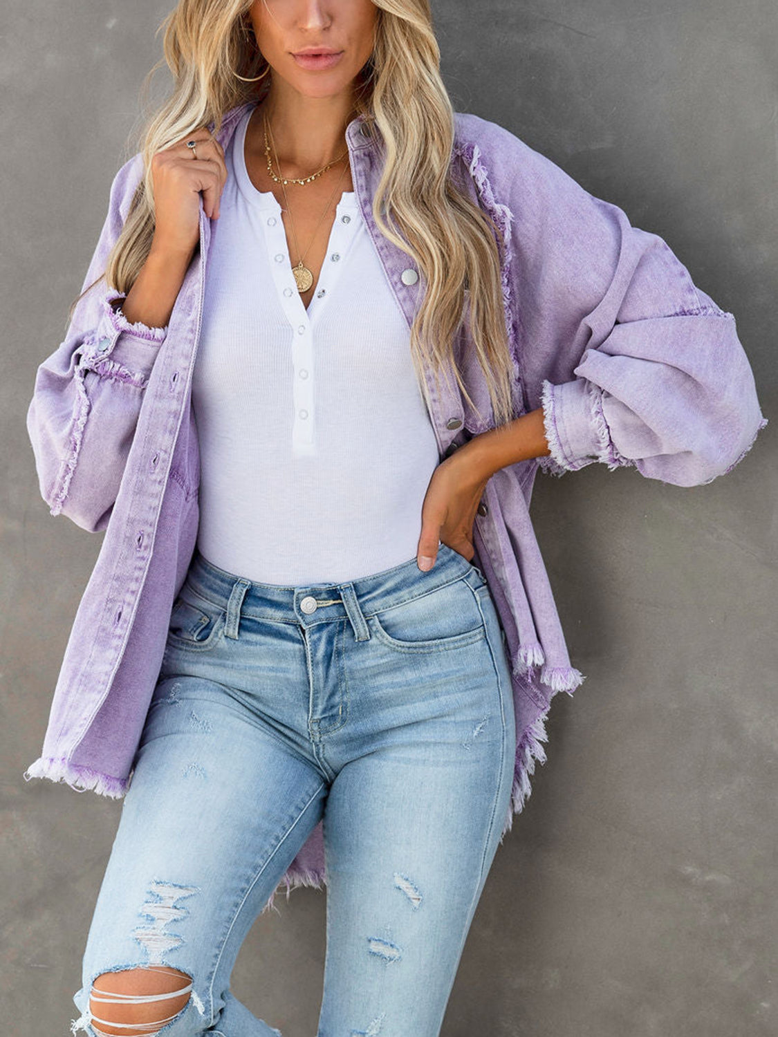 Button Down Raw Hem Denim Jacket Lavender - Fashorio