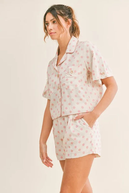 MABLE Polka Dot Collar Crop Top and Short Lounge Set - Fashorio