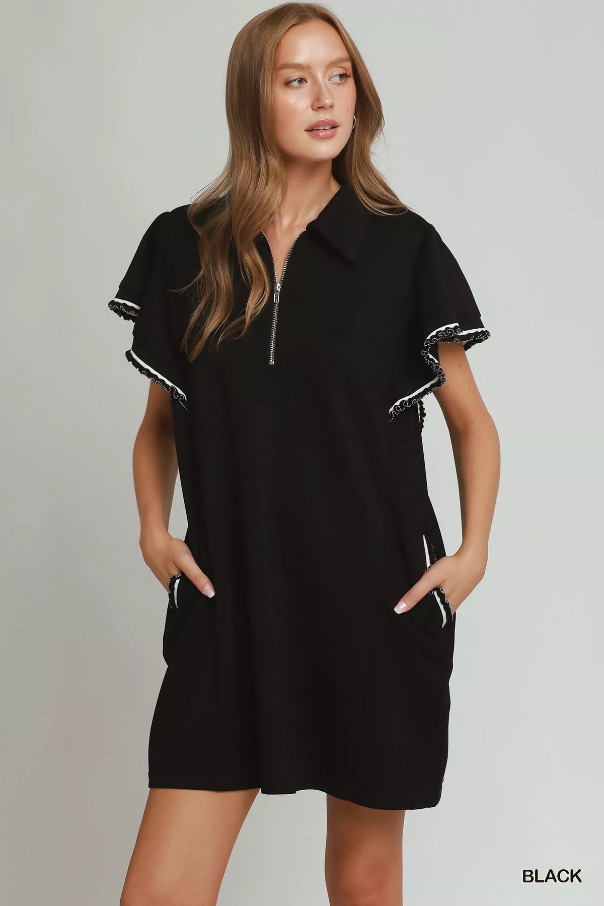 Black half zip butterfly sleeve knit mini dress front view