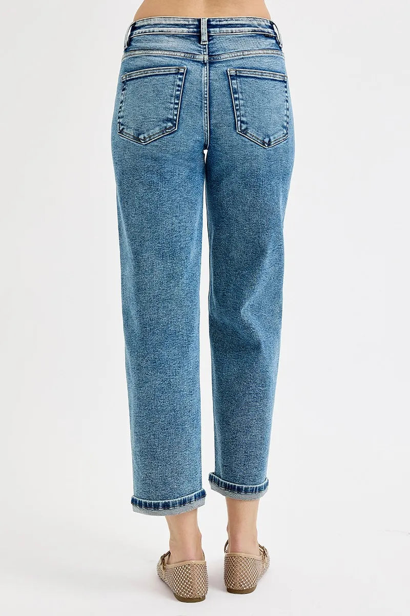 High rise waist detail on boyfriend jeans