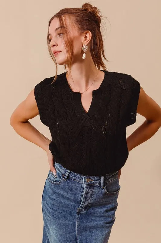 Notched Neck Cable Knit Sweater Vest in Black back view
