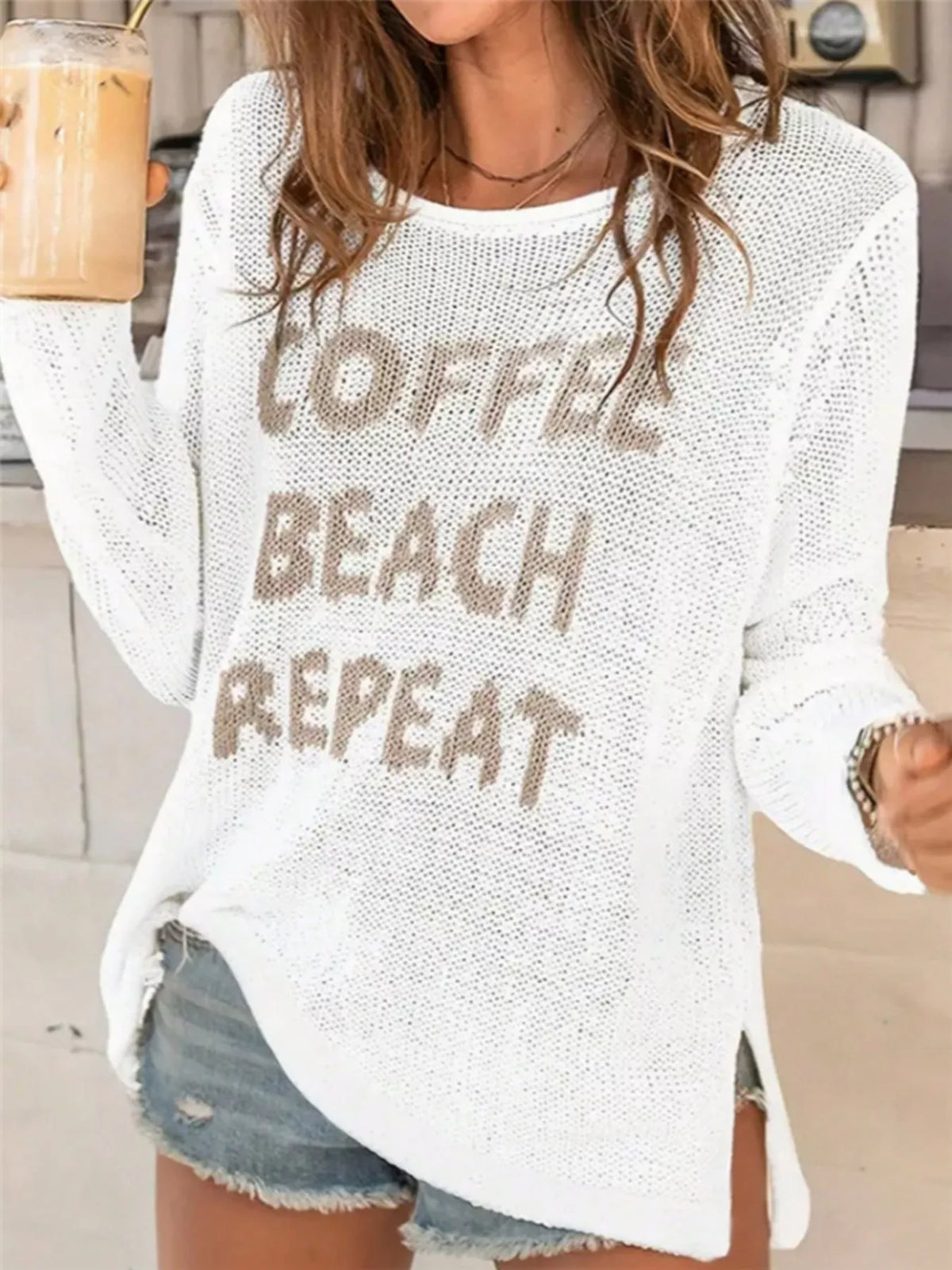 White letter print side slit knit top front view