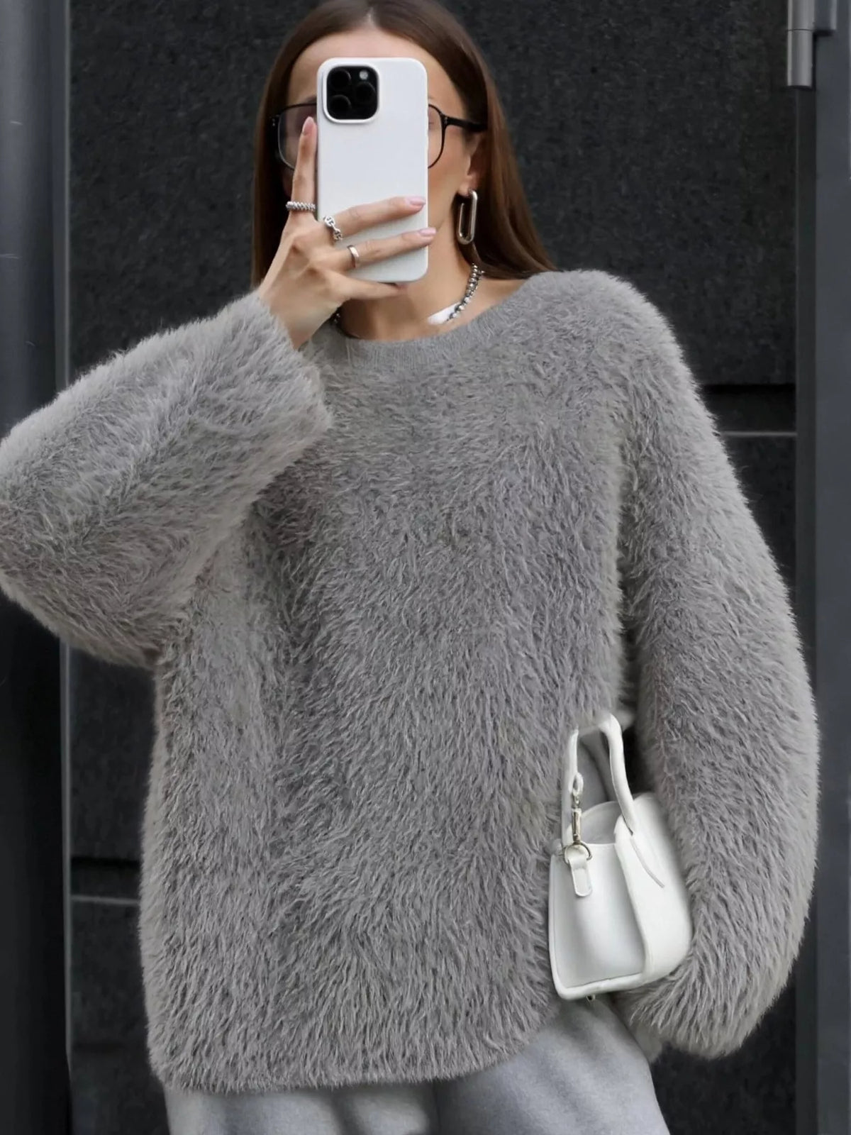 Fuzzy Round Neck Long Sleeve Sweater, view 13