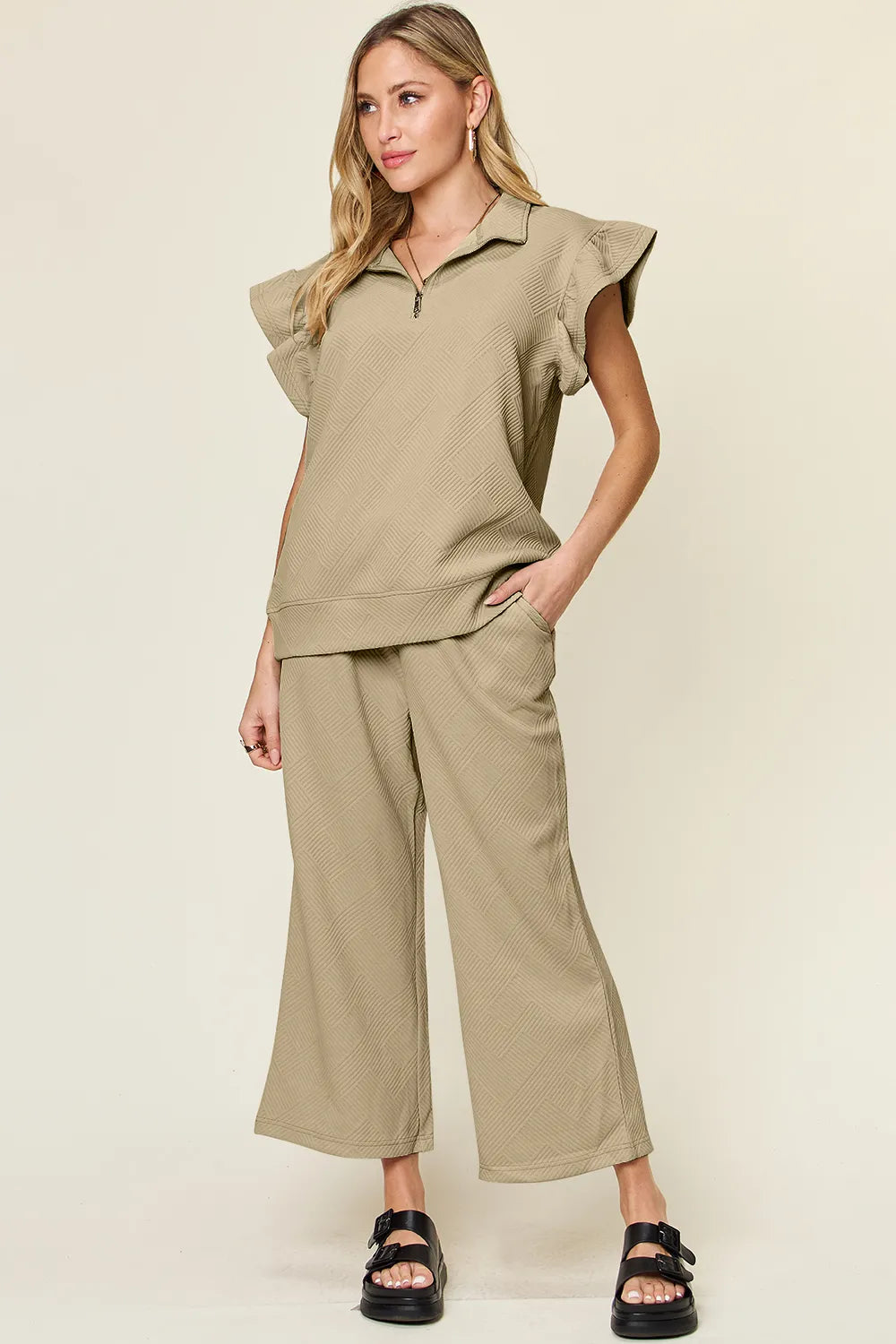 Double Take Ruffle Top and Wide Leg Pants Set, view 34