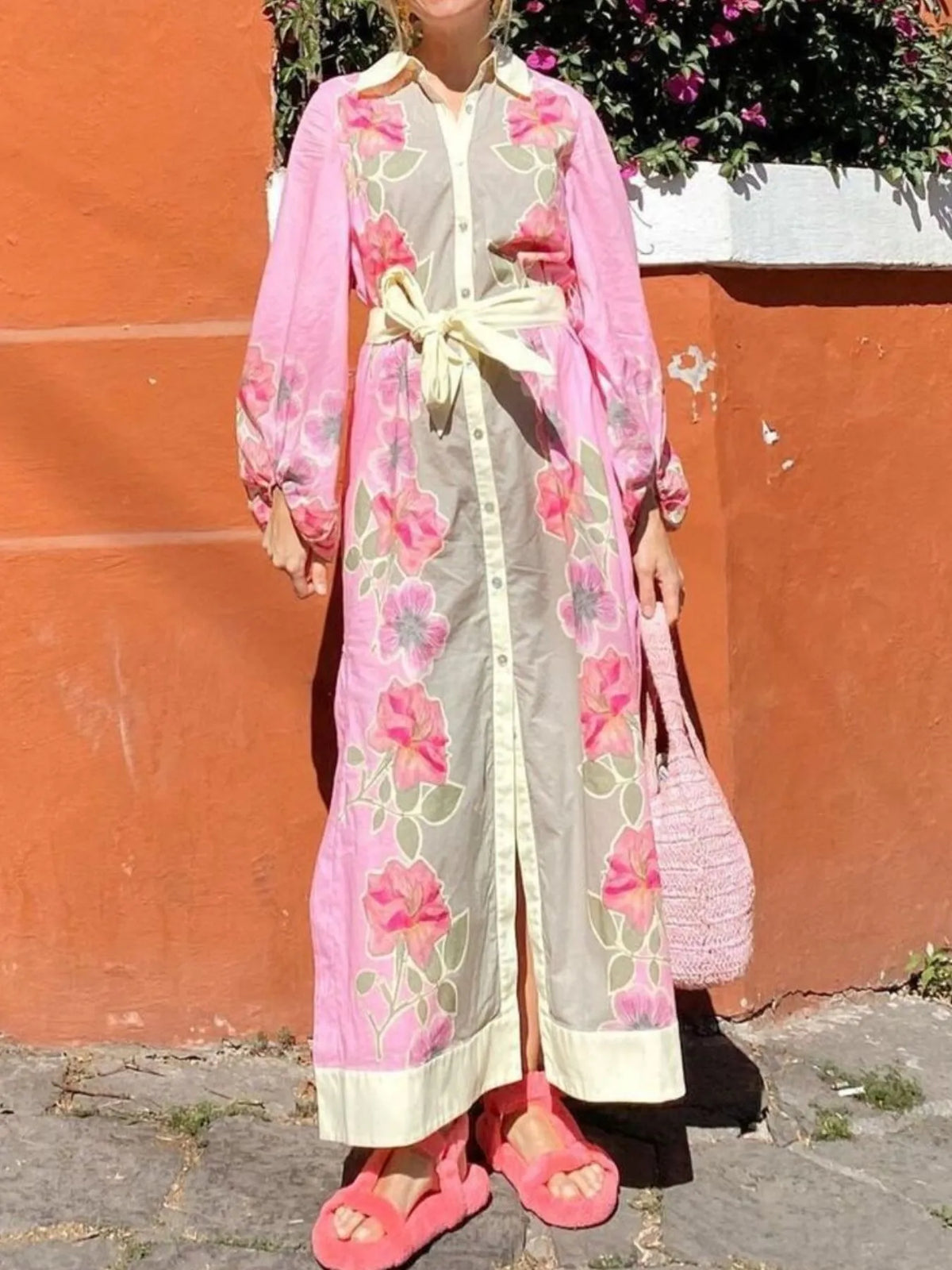 Pink floral long sleeve maxi shirt dress, bodice and neckline detail