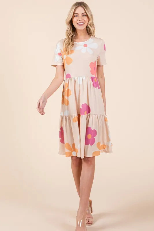 Floral Tiered Short Sleeve Dress in Apricot back view