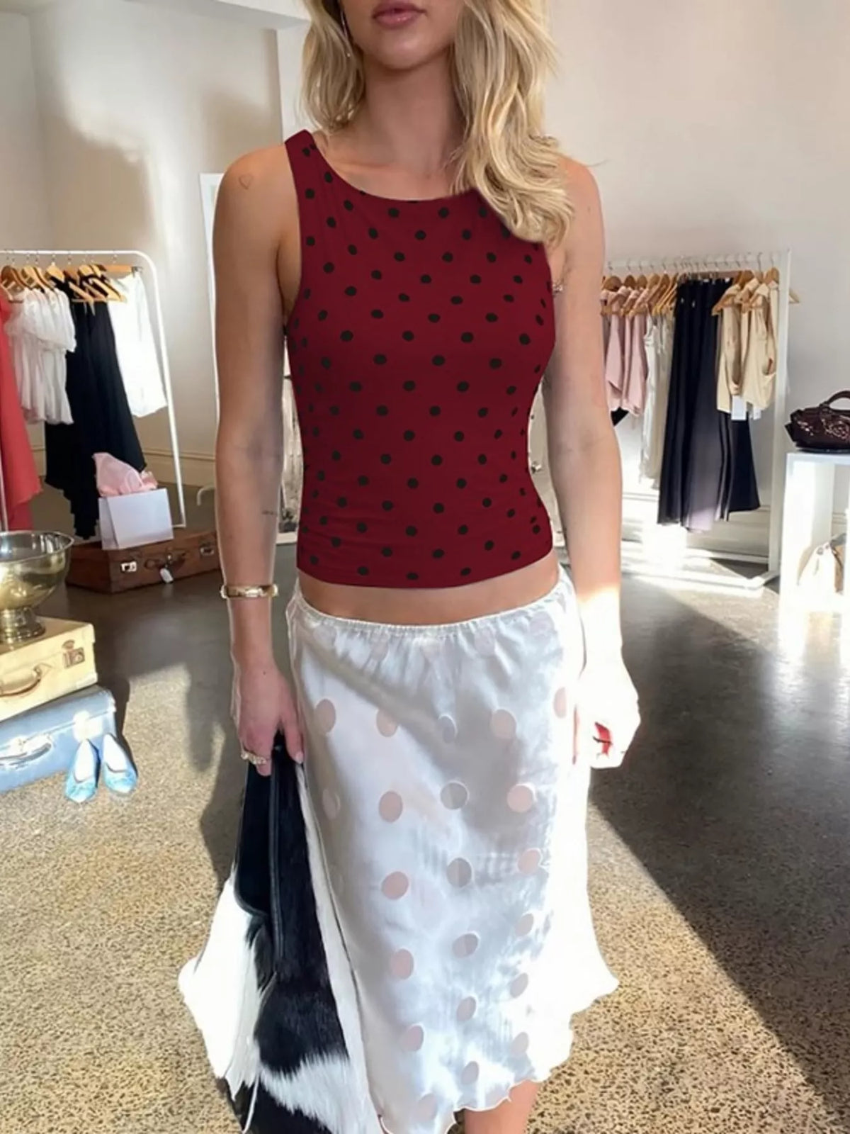 Full styling view of the womens polka dot tank top