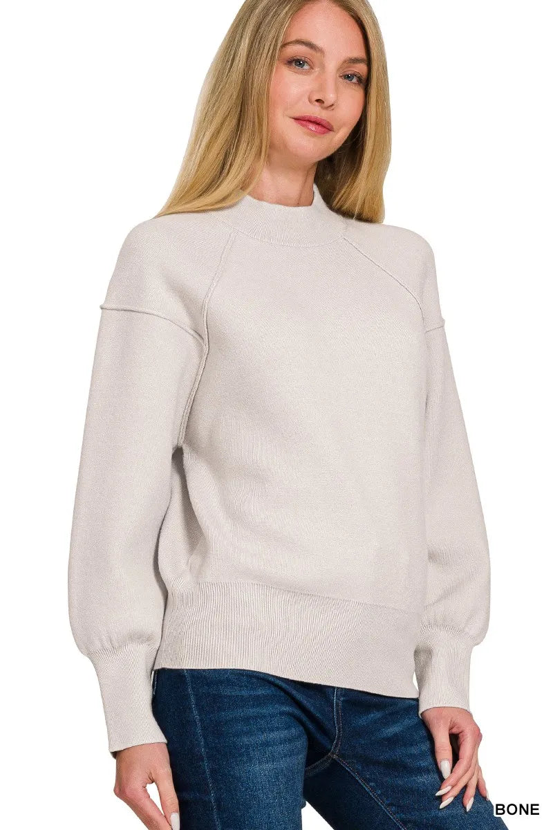 Viscose Mock Neck Exposed Seam Sweater in Bone