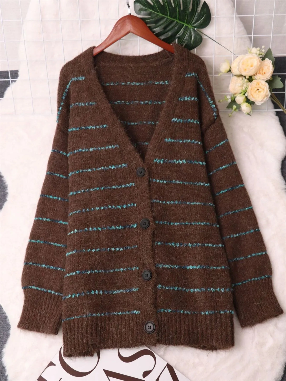 Striped button up v neck cardigan fabric texture close up