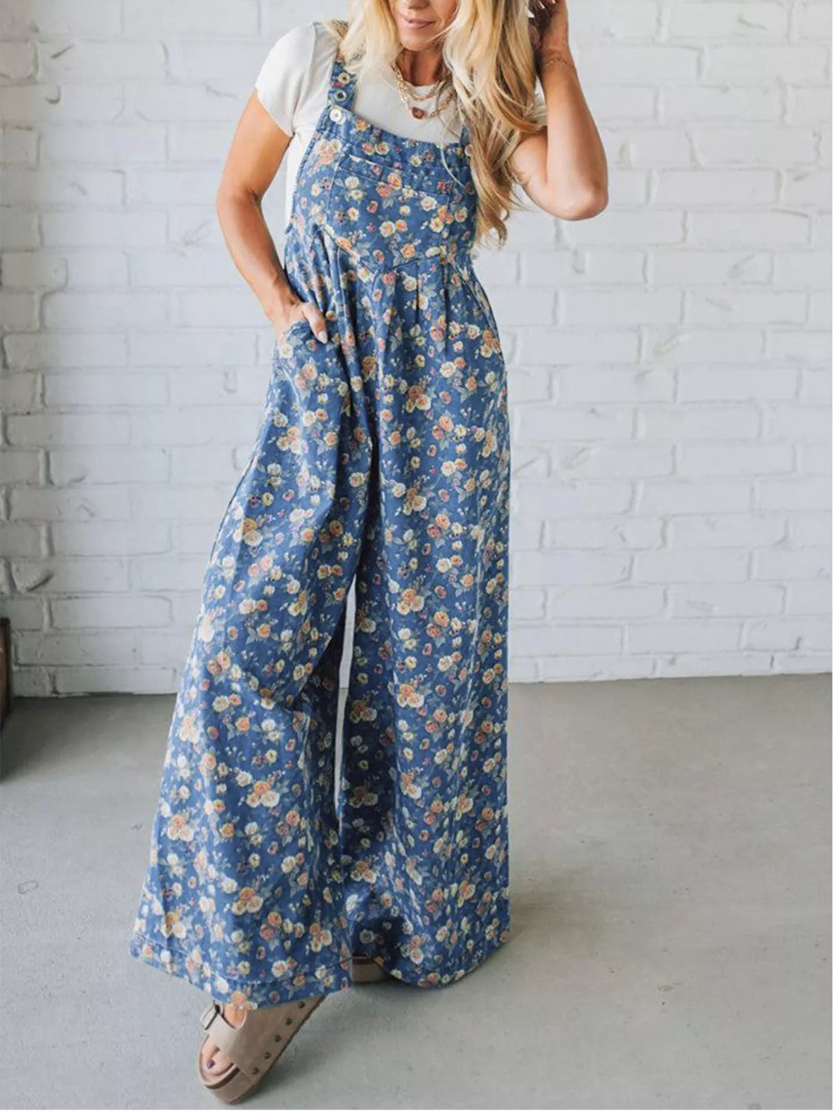 Light blue floral overalls bib detail