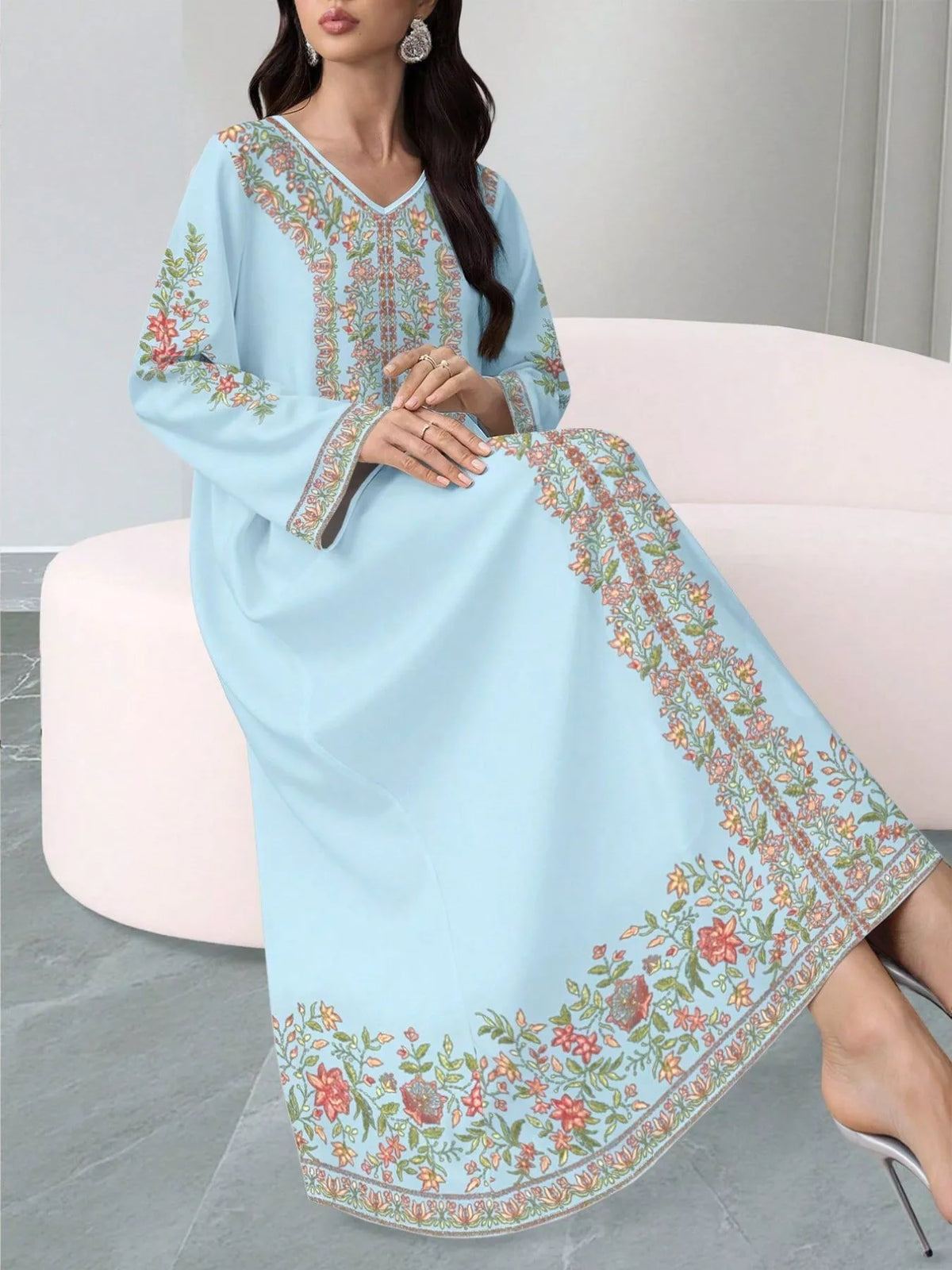 floral long sleeve maxi dress three quarter view