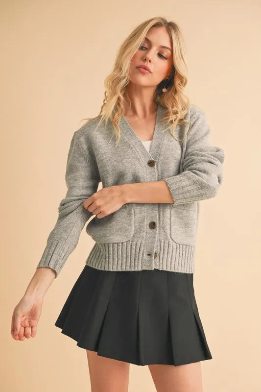 Aemi + Co Ribbed Hem Button Down V-Neck Cardigan - Fashorio