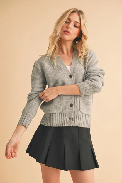 Aemi + Co Ribbed Hem Button Down V-Neck Cardigan - Fashorio
