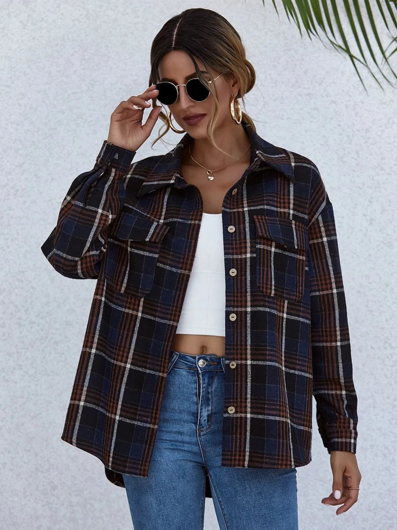 Plaid Button-Up Long Sleeve Shirt Dark Navy - Fashorio