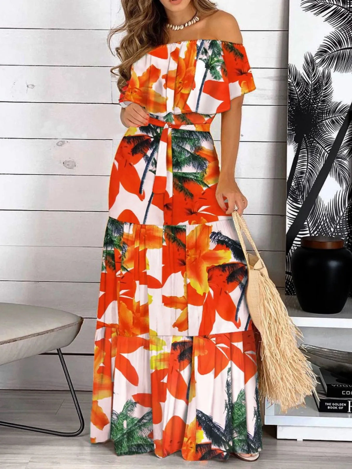 Printed Off Shoulder Maxi Dress, close up detail