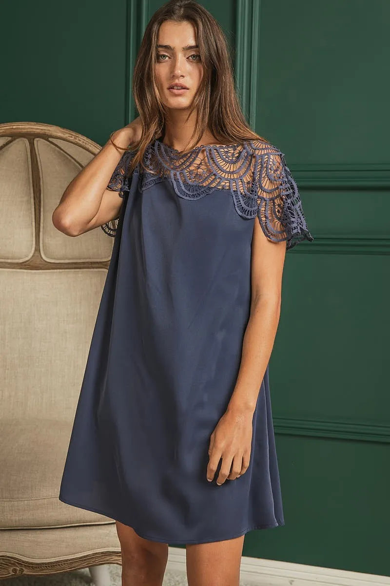 Crochet Lace Yoke Dress in Deep Navy on model
