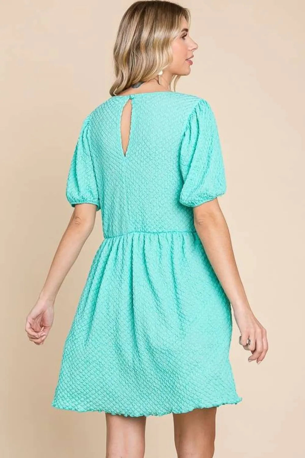 Textured Puff Sleeve Dress in Mint back view