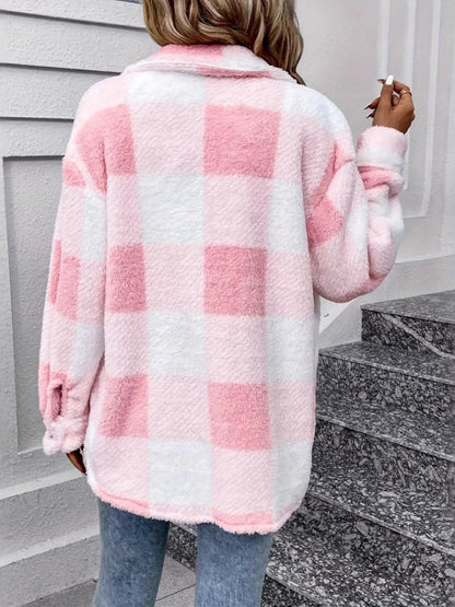 Plaid Fleece Button-Up Outerwear - Fashorio