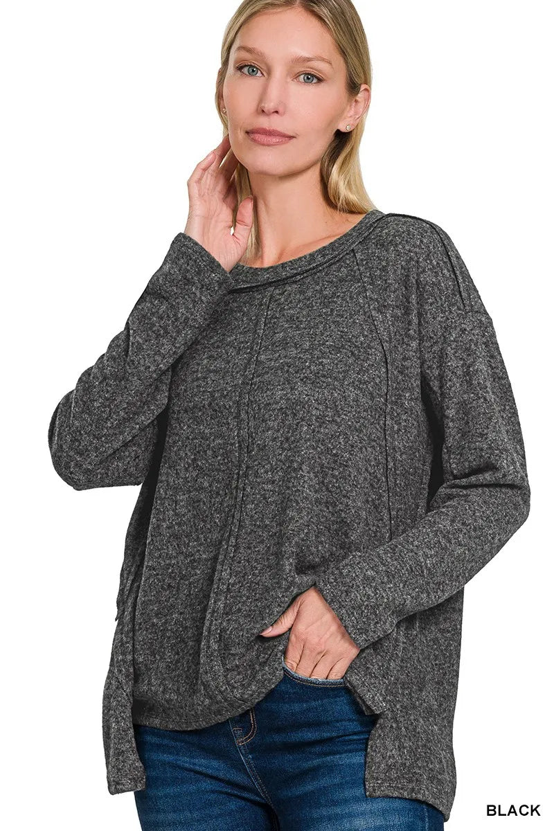 Brushed Hacci Exposed Seam High Low Sweater Plus Size in Black