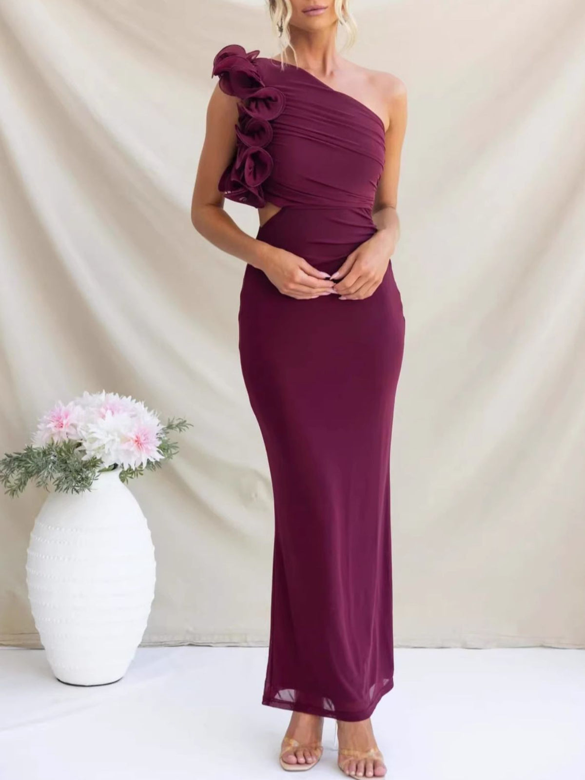 One shoulder floral trim sleeveless maxi dress three quarter view