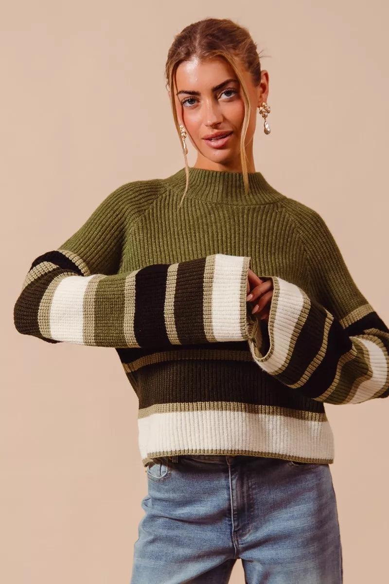 Multi Color Striped Mock Neck Sweater in Olive on model