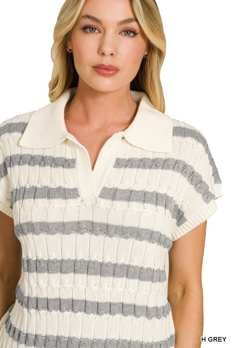 Grey textured stripe collared sweater vest layered over shirt