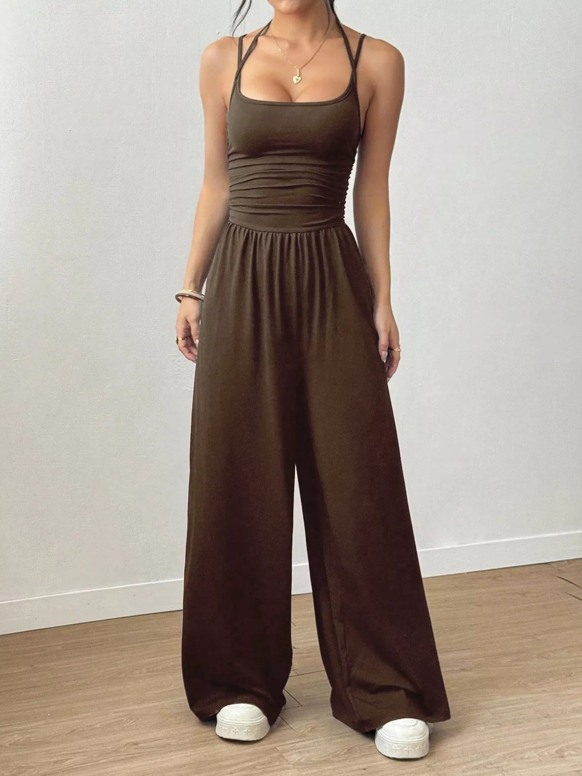 Royal blue spaghetti strap wide leg jumpsuit front view