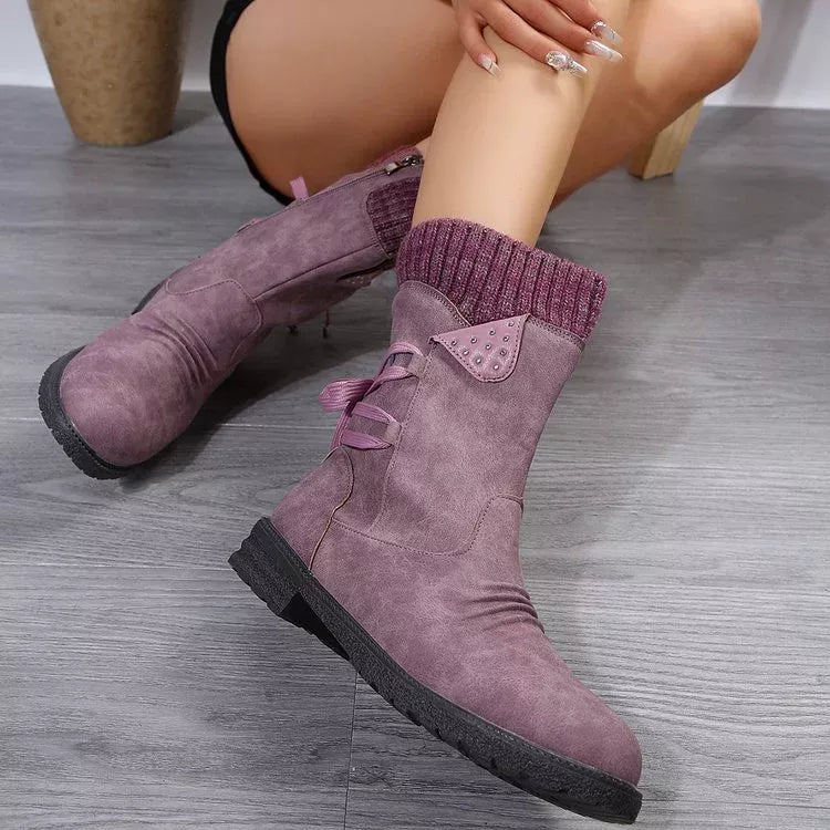 Black knitted cuff round toe boots close up of the toe
