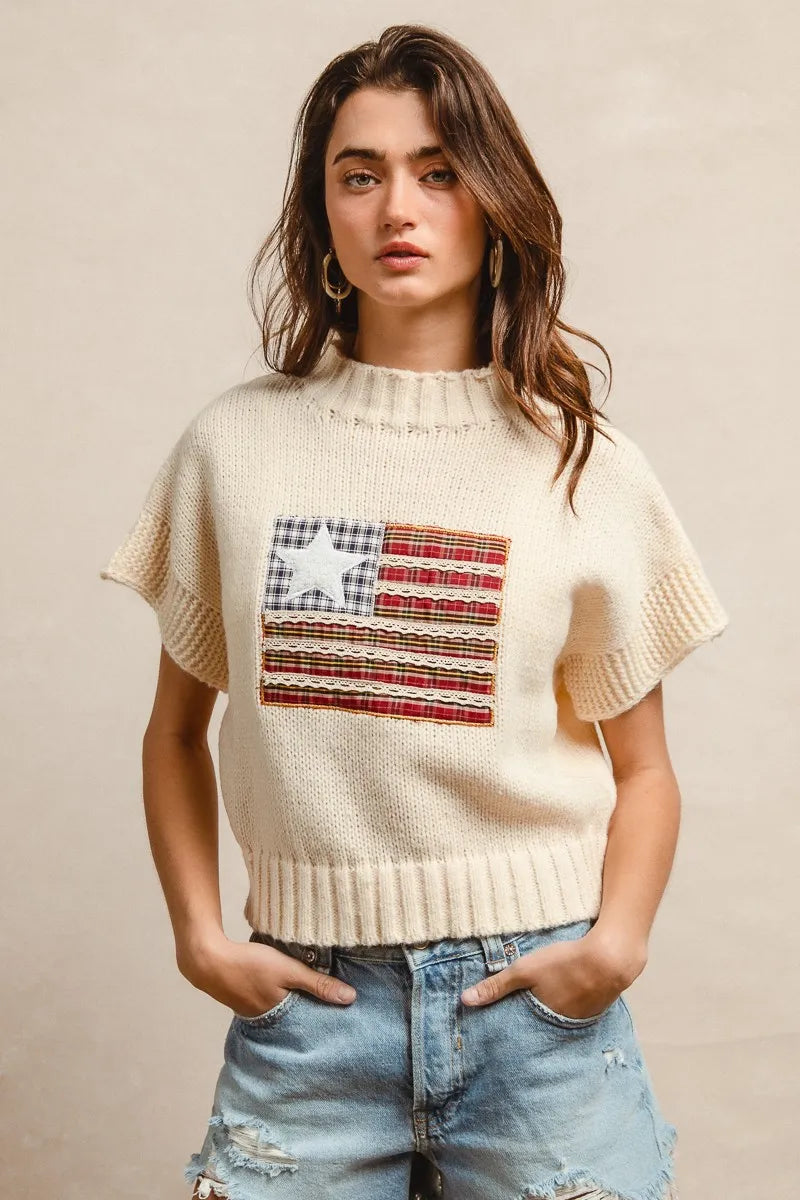 BiBi American Flag Patchwork Drop Shoulder Sweater - Fashorio