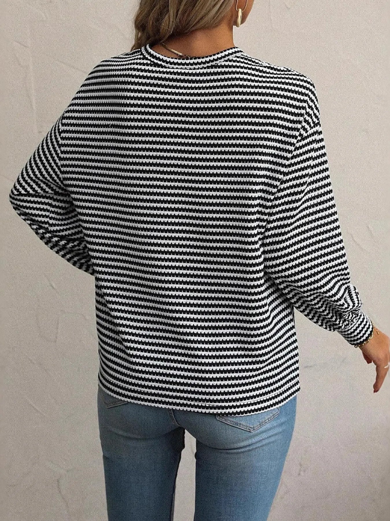 Striped Round Neck Lantern Sleeve Top - Fashorio