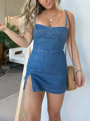 Full Size Slit Square Neck Denim Dress Plus Size Blue - Fashorio