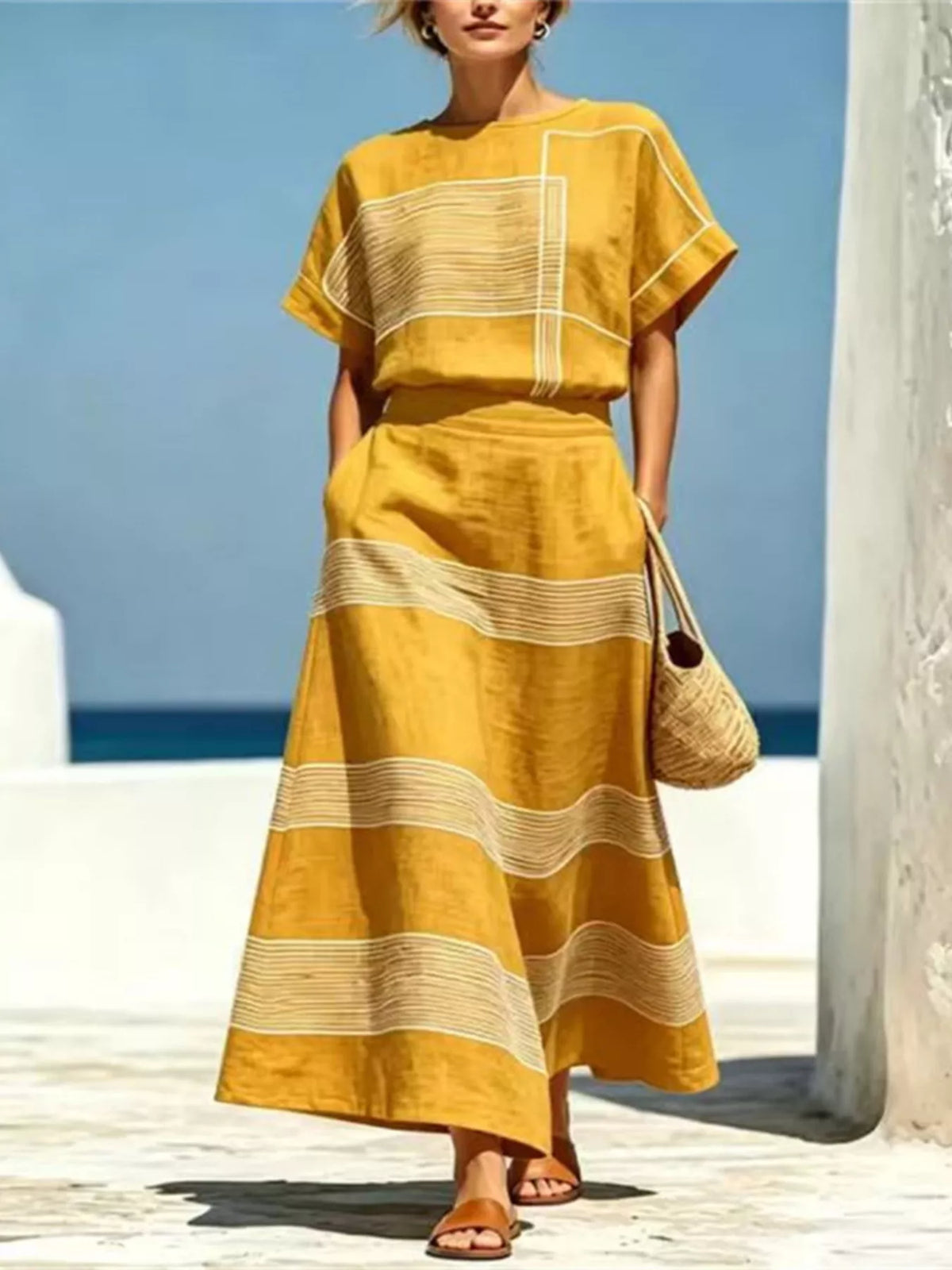 Striped round neck top and skirt set, full length view