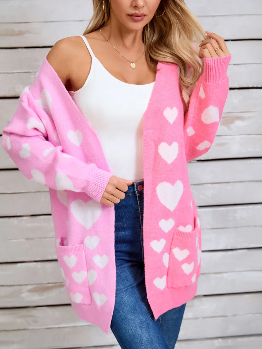 Angel Wings Heart Open Front Long Sleeve Cardigan Pink - Fashorio