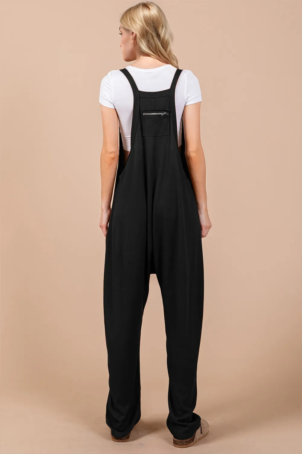 Black V neck overalls back view