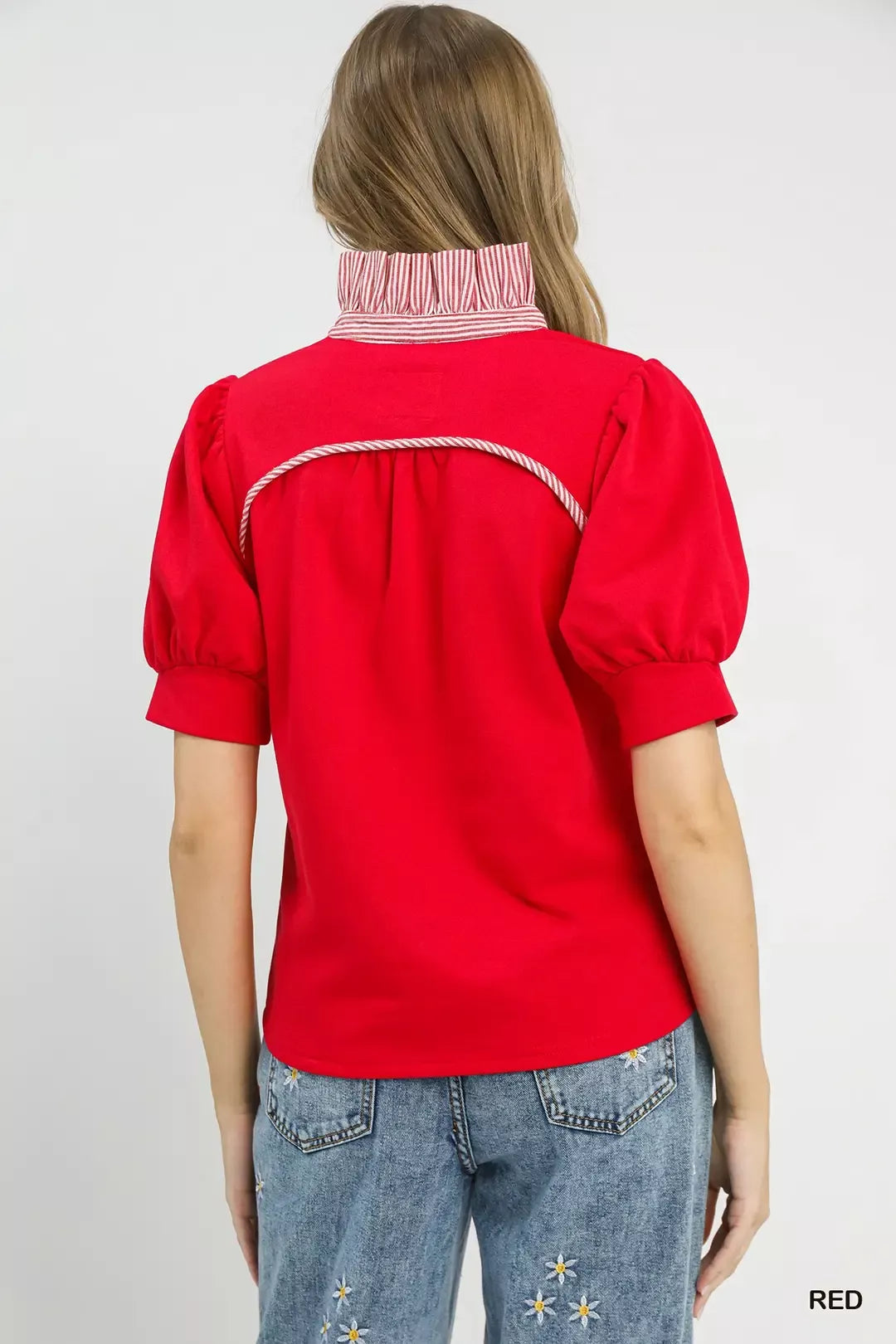 Umgee red striped collar popover top, back view