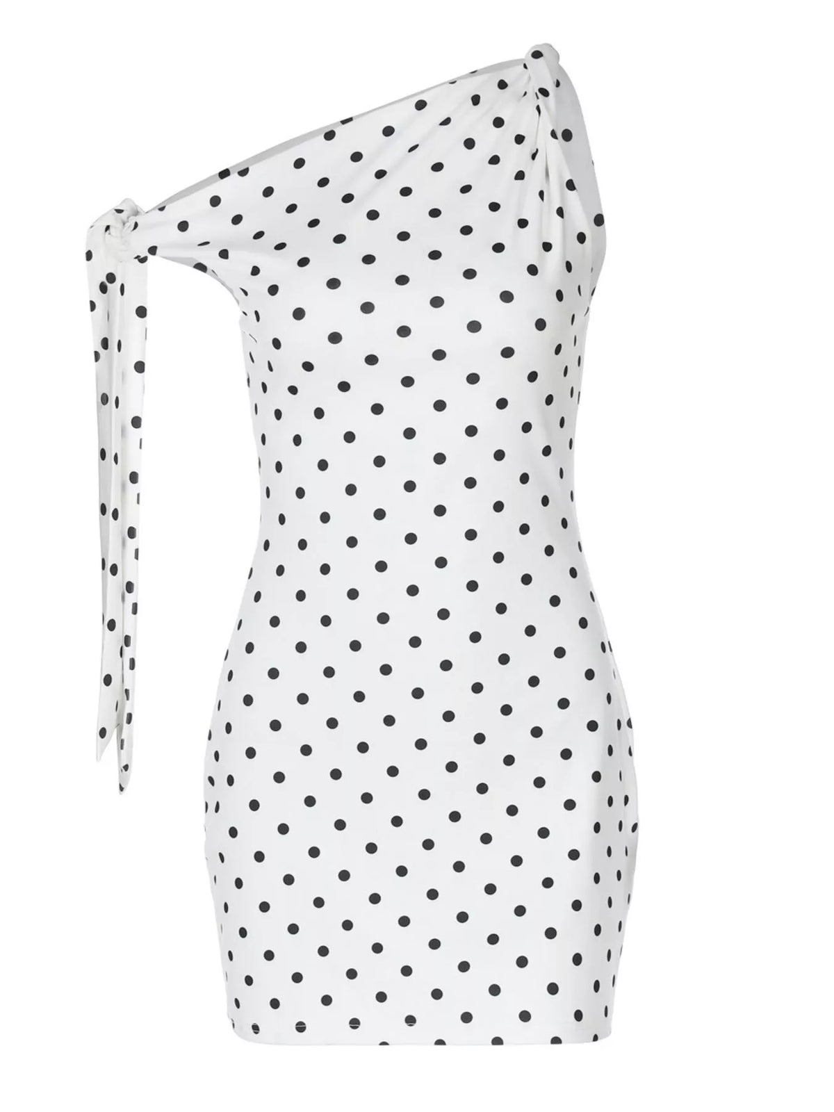 Black polka dot mini dress shown full length on model