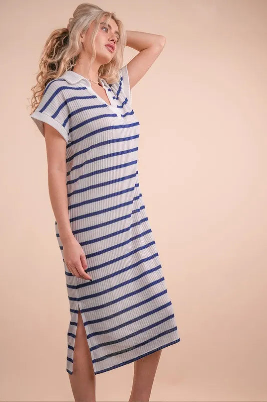 VERY J Oversized Collared Striped Knit Midi Dress - Fashorio