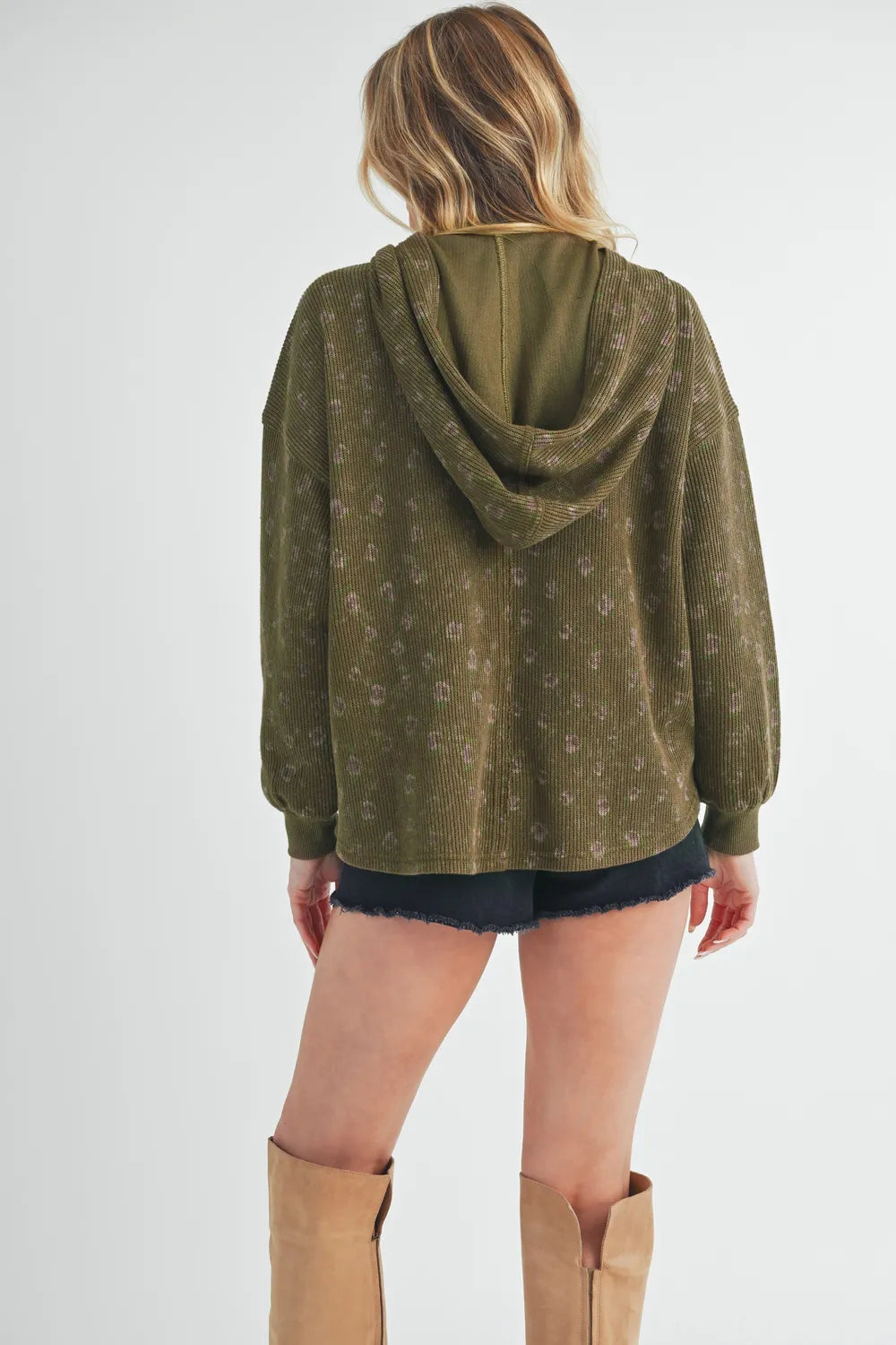 Olive floral hooded jacket button detail