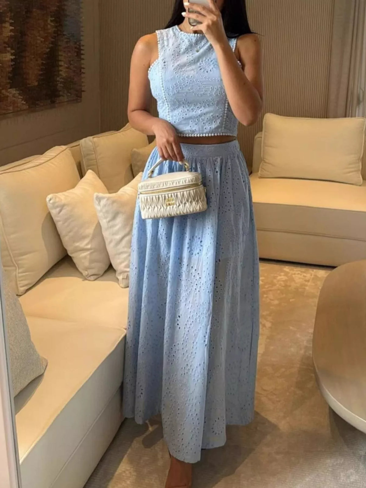 Light blue eyelet crop top and maxi skirt set front view