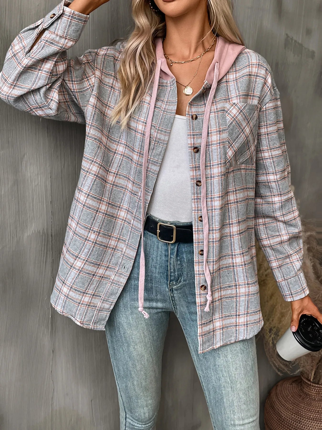 Plaid Button-Up Hooded Shirt Grey - Fashorio