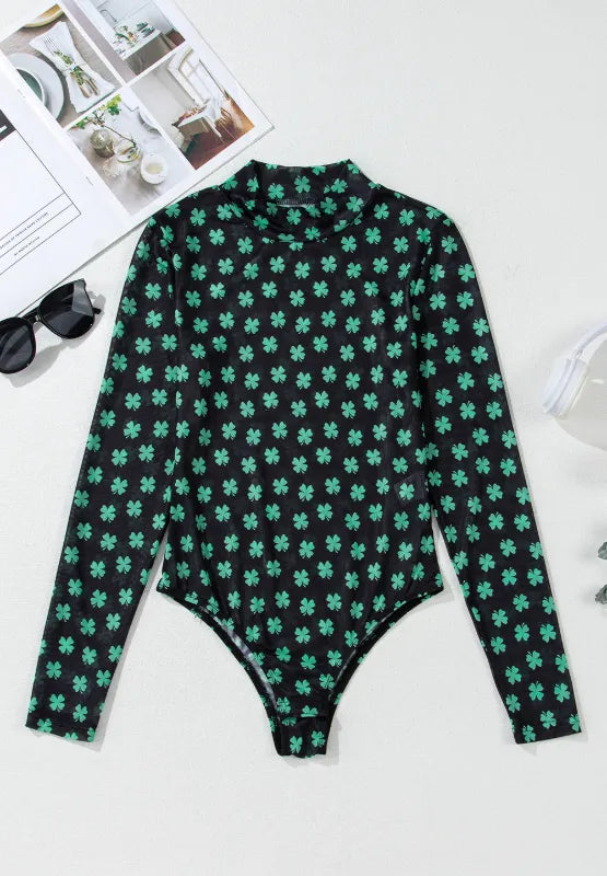 Lucky Clover Mock Neck Long Sleeve Bodysuit - Fashorio