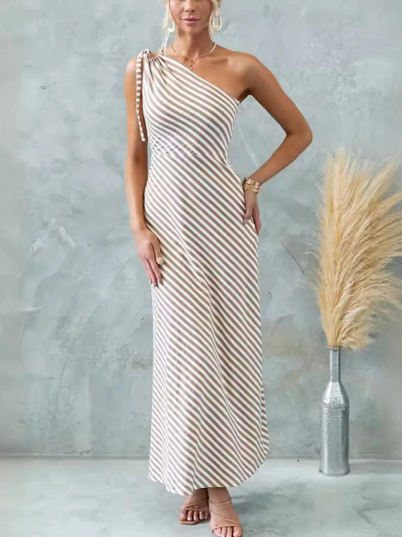 One shoulder striped maxi dress front view