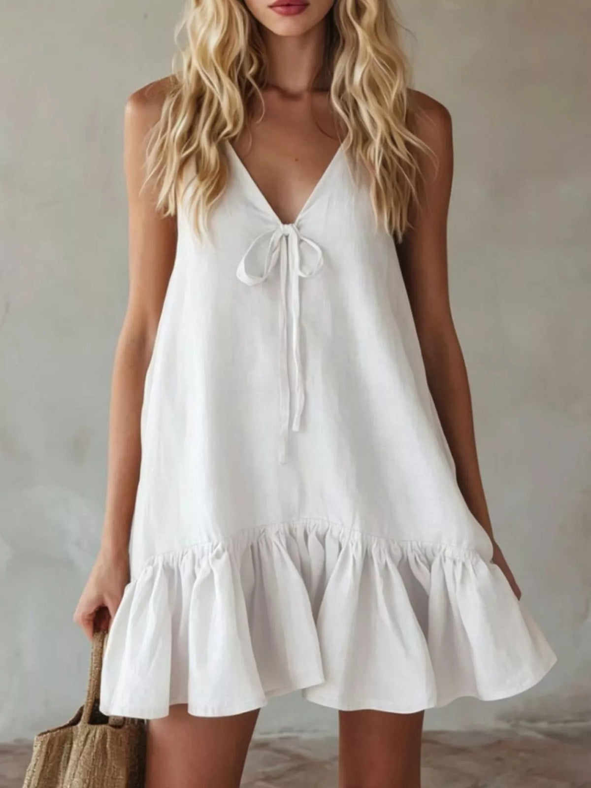 V neck tie front ruffle hem mini dress full length view