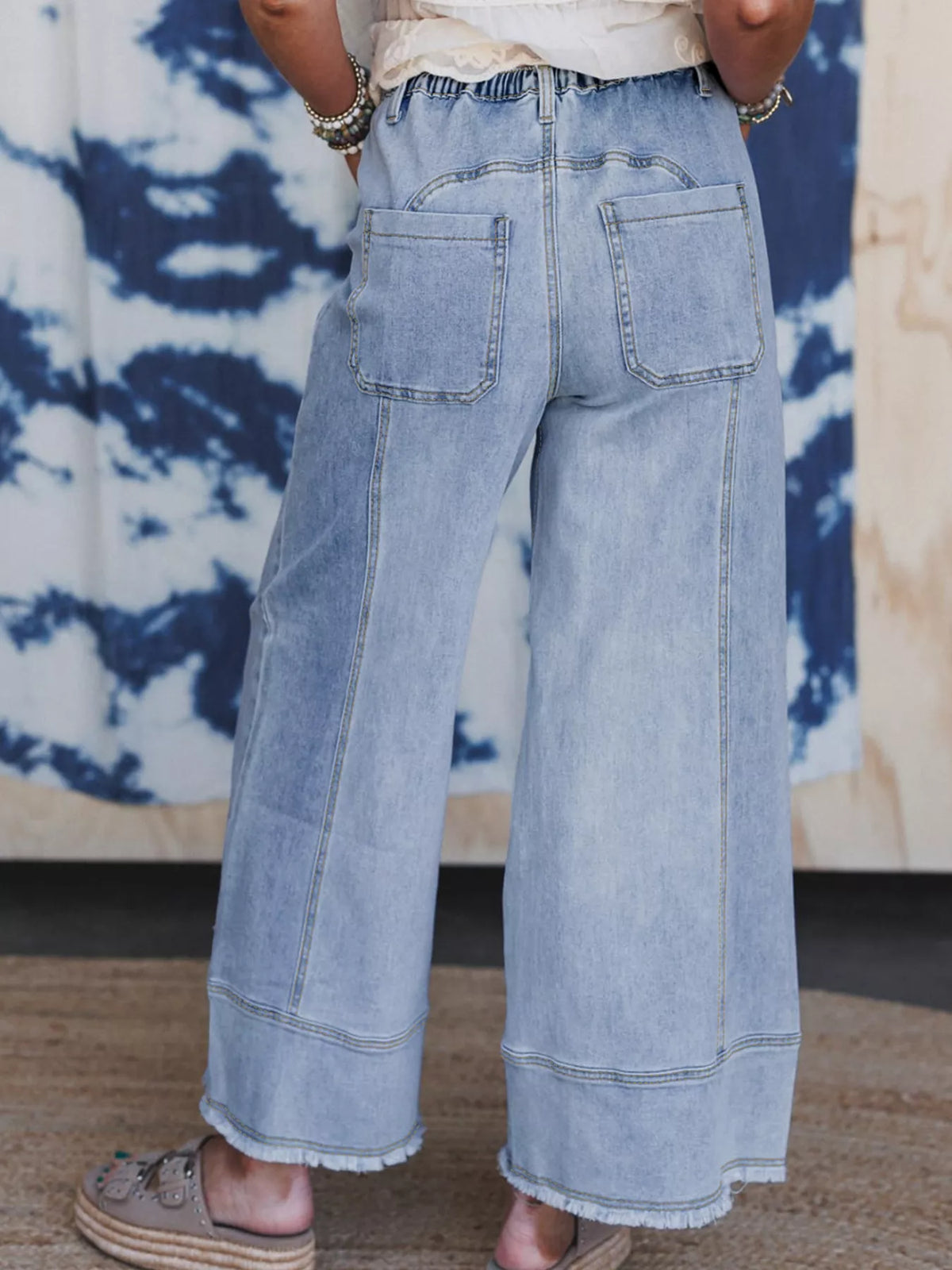 Drawstring waist wide leg denim jeans detail