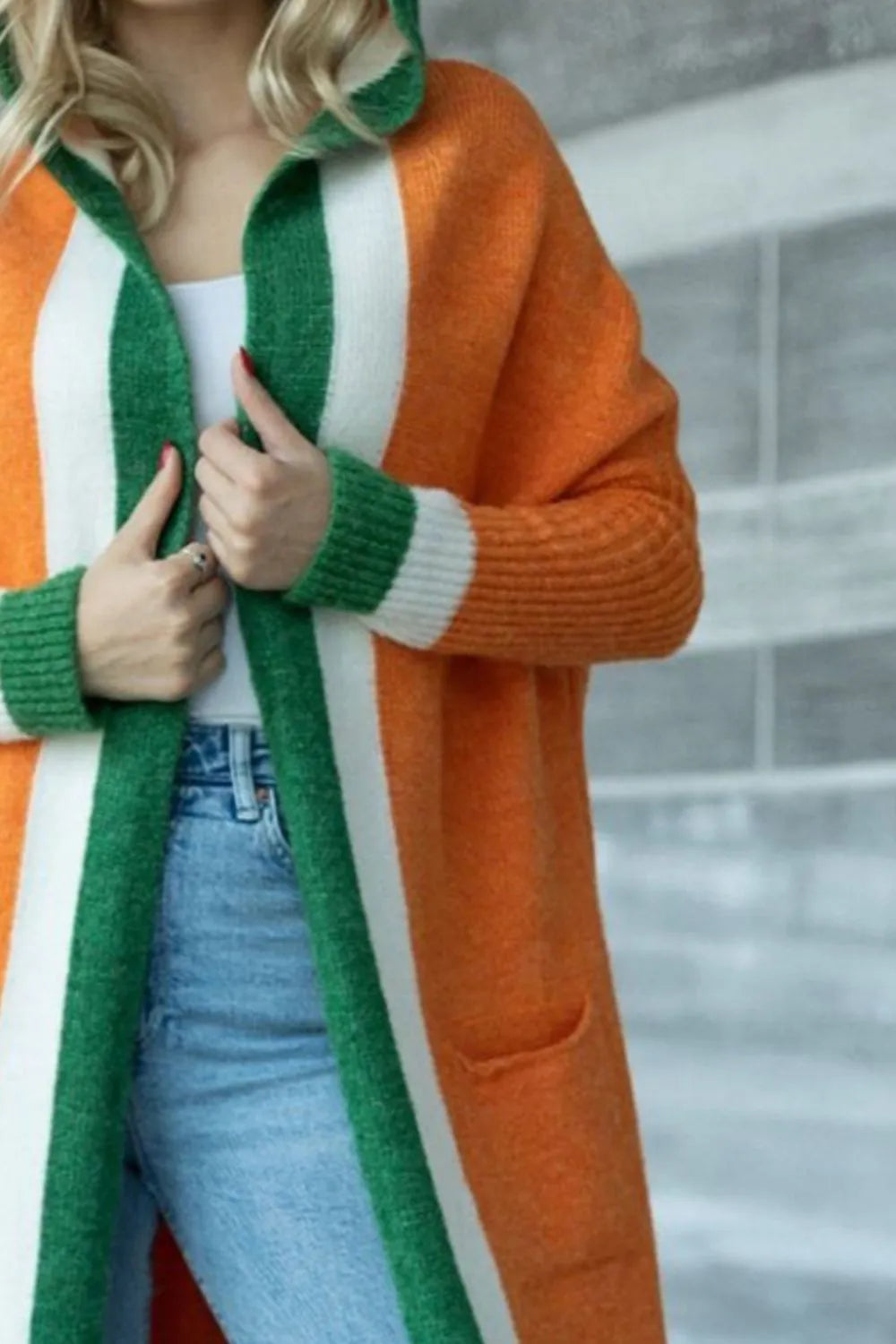 Pocketed Contrast Long Sleeve Hooded Cardigan - Fashorio