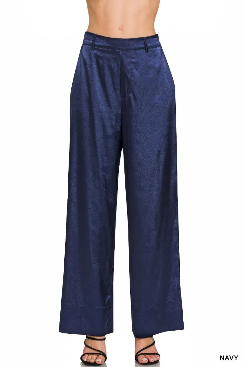 Zenana Wide-Leg Satin Pants NAVY - Fashorio